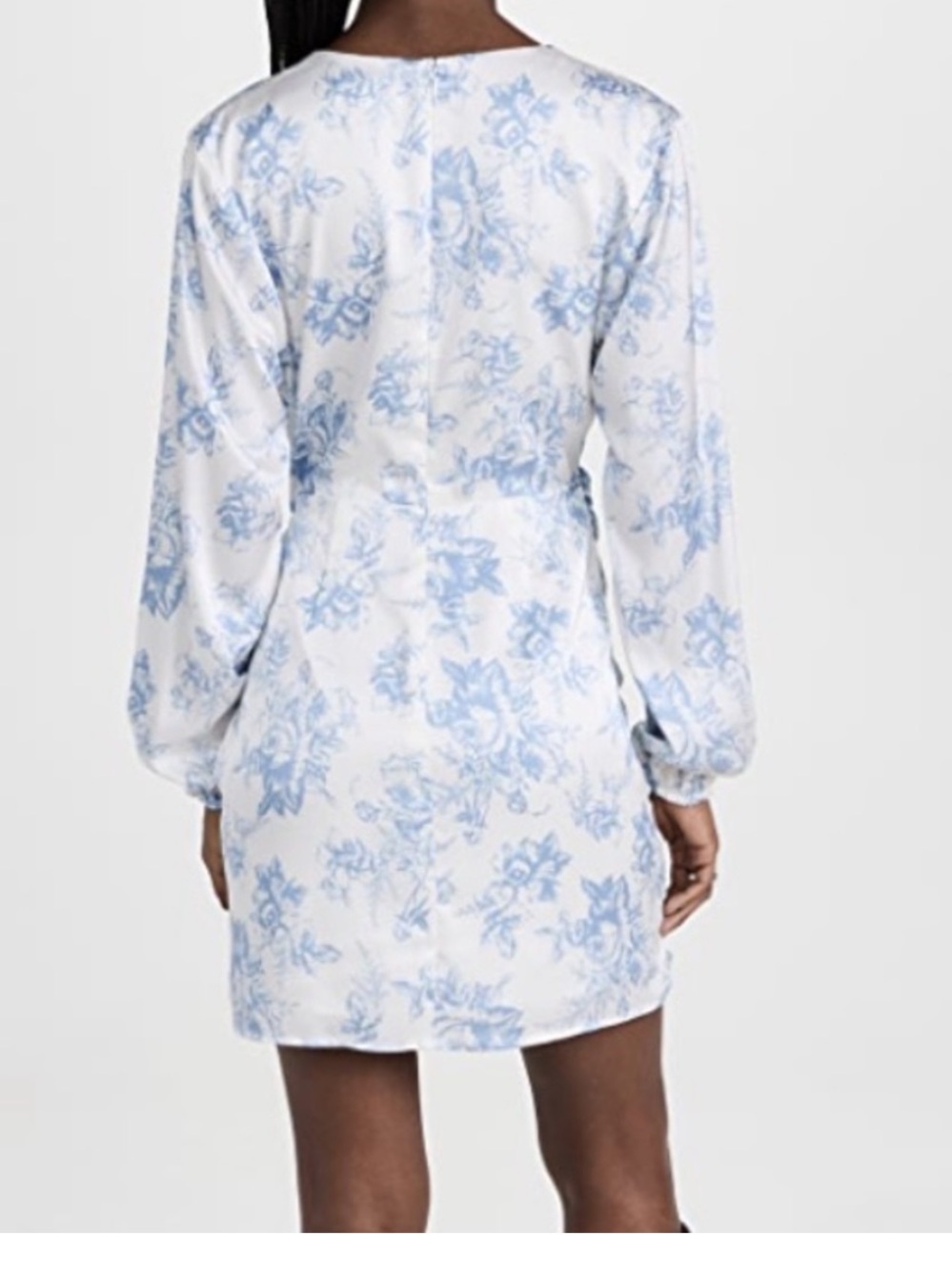 WAYF Long Sleeve Wrap Mini Dress in Ivory Toile / Blue Toile - Picture 2 of 5